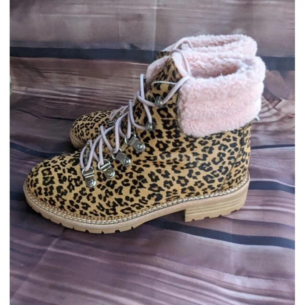 Silent D‎ Hiker Boots women's 6 Animal Print Leopard Rexi fur lined